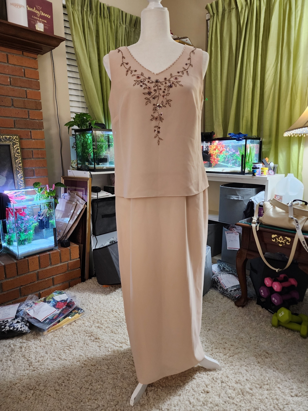 R & M Richards Blush Beaded Midi Dress 10P
